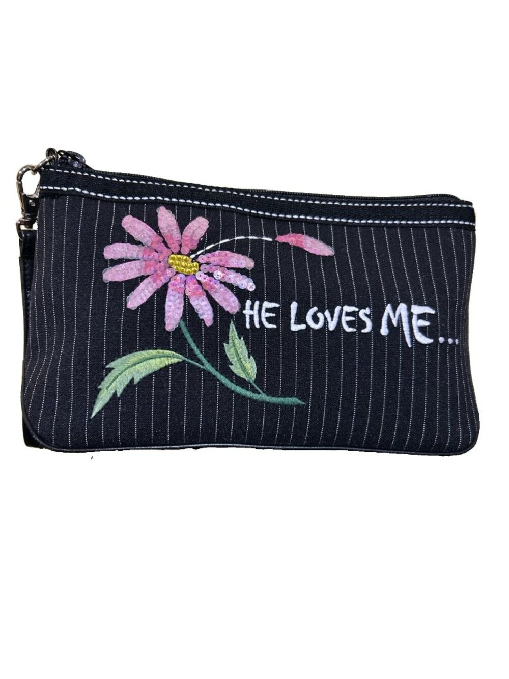 Isabella Fiore Daisey Leather Wristlet Bag He Loves Me Sequin Zippered NWOT Flaw